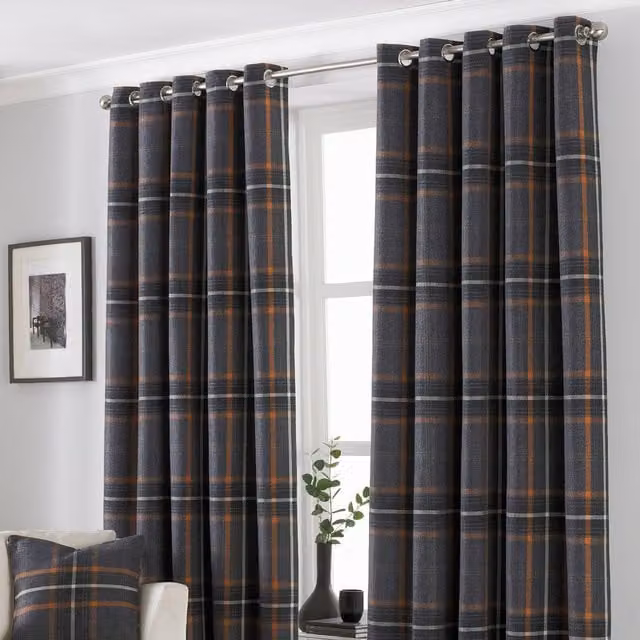Aviemore Tartan Faux Wool Eyelet Curtains in Rust Red Orange and Grey, Height: 229 cm