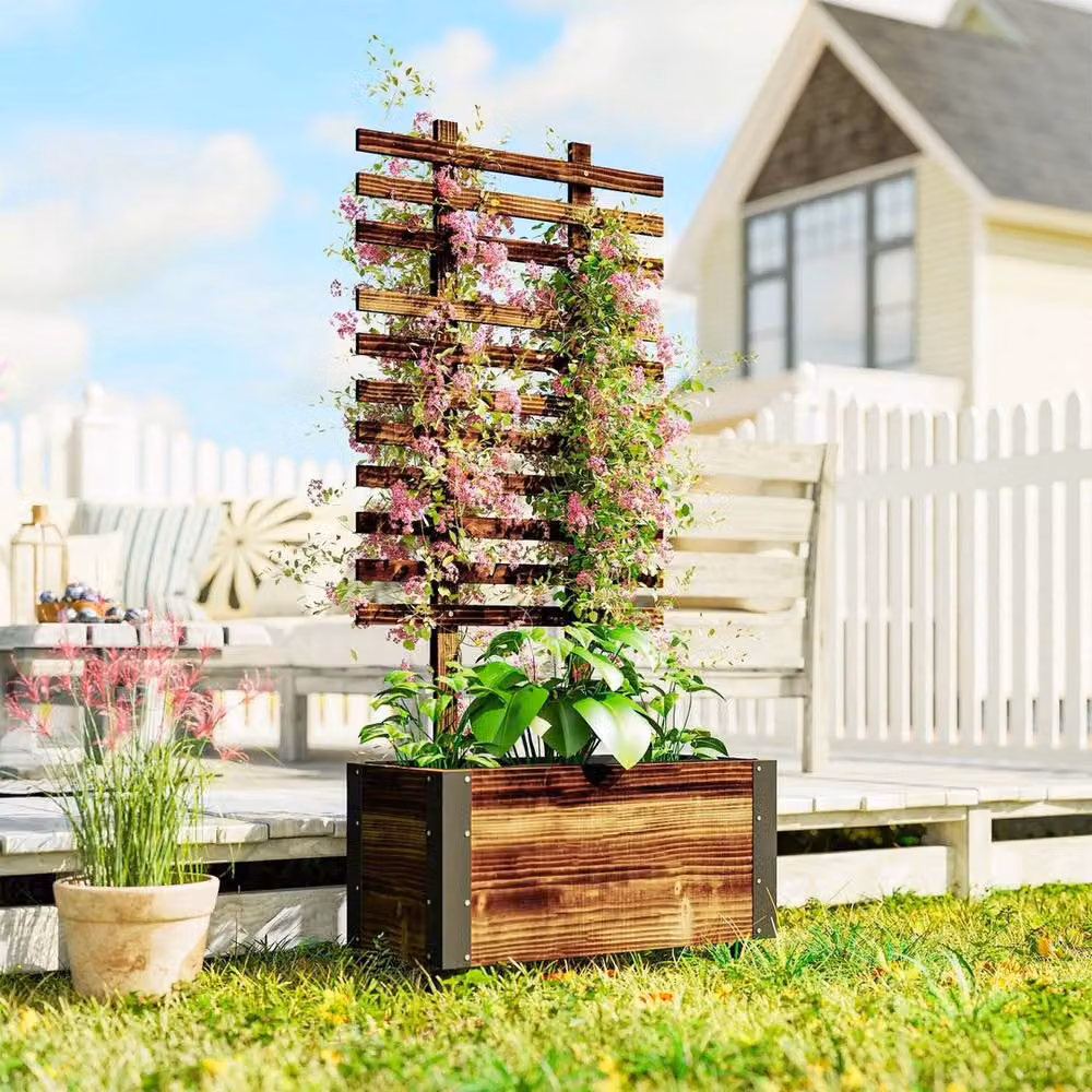 KORVIXA Wooden Raised Garden Bed with Trellis in Brown, W/D/H: 128 x 65 x 31 cm – 3