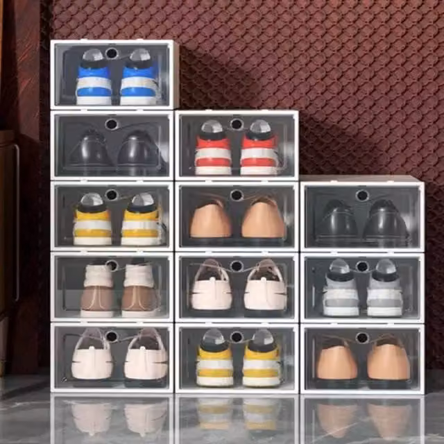 Kelvenix 12 Pack Stackable Clear Plastic Shoe Storage Drawer Organisers in White