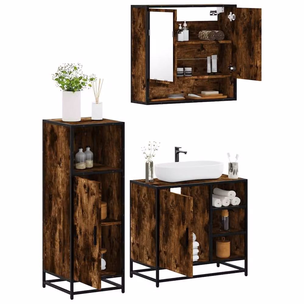 Berkfield Home 3 Piece Industrial Bathroom Furniture Set in Smoked Oak Brown featuring Mirror Cabinet, Vanity Unit and Tall Cabinet – 2