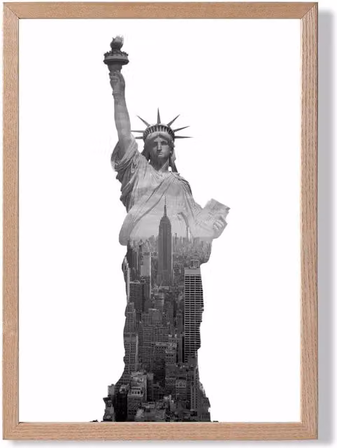 ARTZE Abstract Statue of Liberty New York Black and White Framed Photo Print with Oak Wood Frame, A4