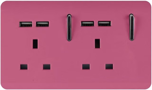 Trendi 2 Gang 13 Amp Flush Switched Socket with 4 x 2.1mA Type A USB Ports in Pink