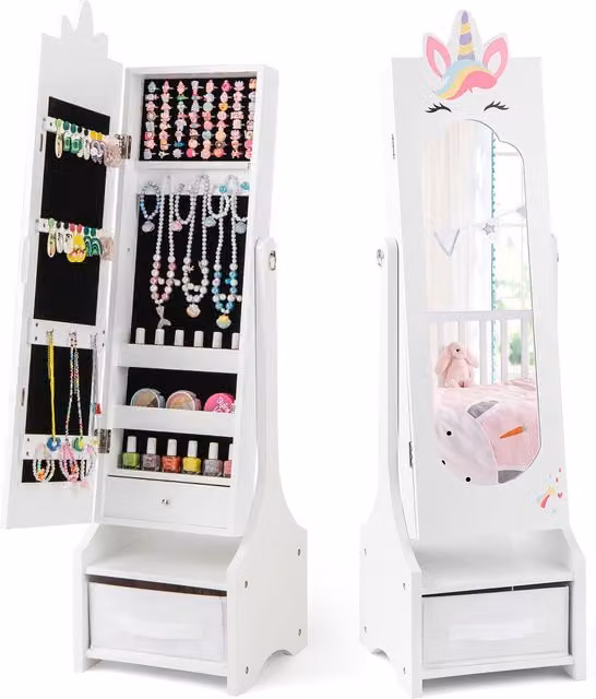 Costway Kids Standing Jewelry Cabinet and Childrens Organiser with Drawer, White – 1
