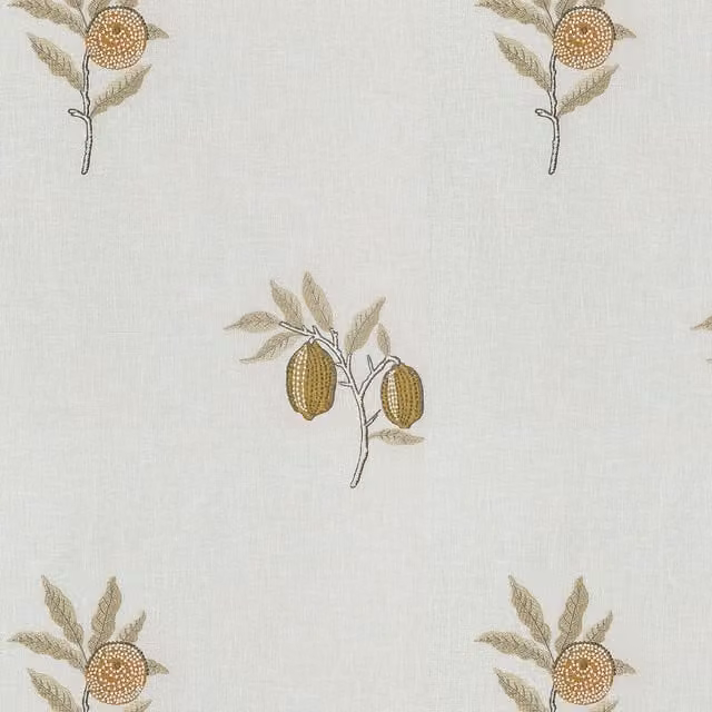 William Morris At Home Fruit Embroidered Floral Fabric in Honey, Orange, Yellow and Gold
