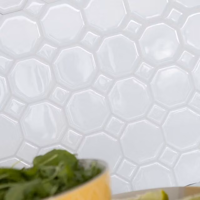 Octagon 3D Epoxy Geometric Field Tile Stickers in White for Kitchen and Bathroom Walls