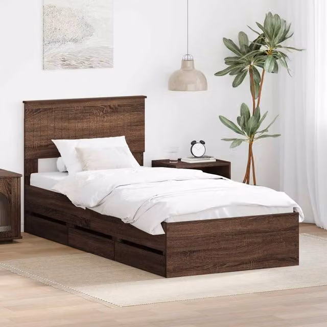 Berkfield Home Modern Bed Frame with Drawers in Brown Oak, W/D/H: 90 x 200 cm