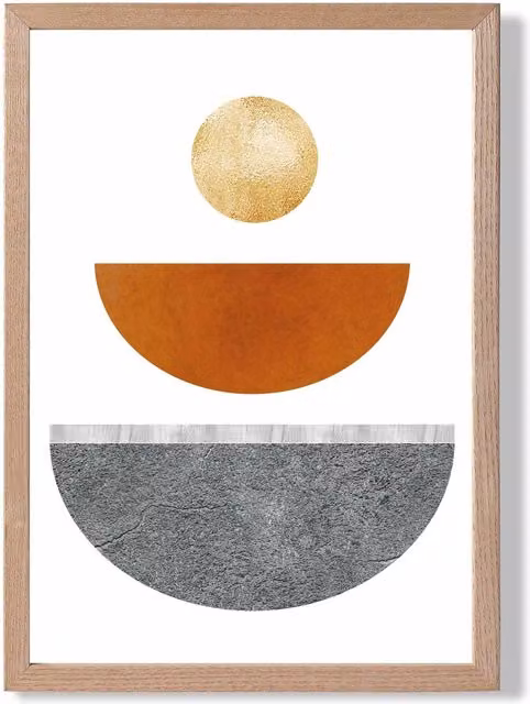 ARTZE Mid Century Geometric Abstract Framed Print with Oak Frame, Yellow, Orange and Grey, A4 – 1