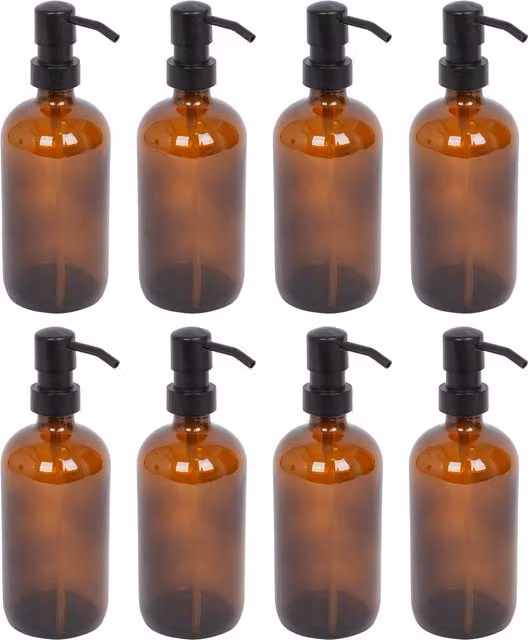 Harbour Housewares Amber Glass Soap Dispensers, Pack of 8, 500ml Refillable Bottles with Black Pumps – 6
