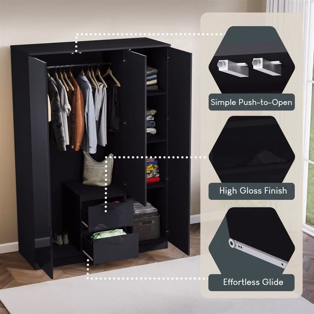 Kelvenix Black Modern Gloss 3 Door 2 Drawer Wardrobe with Push to Open Mechanism, H 170 cm x W 115.4 cm x D 60 cm – 4