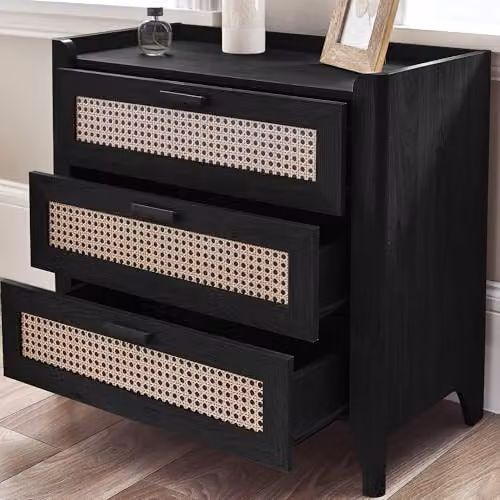 Julian Bowen Sydney 3 Drawer Chest in Black with Rattan Print – 3