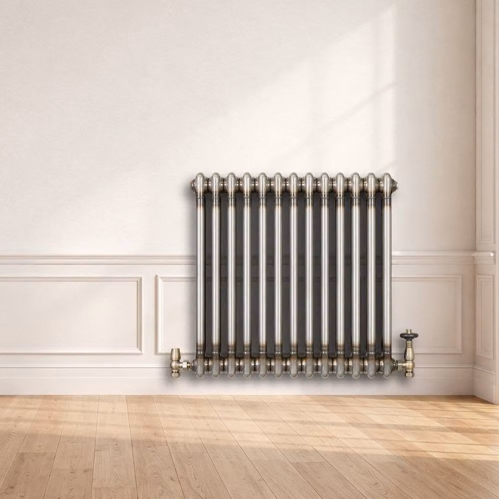 Monstershop Traditional 2 Column Steel Radiator and Integrated Valves in Silver, H: 60.5 cm, W: 60.5 cm, D: 6.0 cm – 4