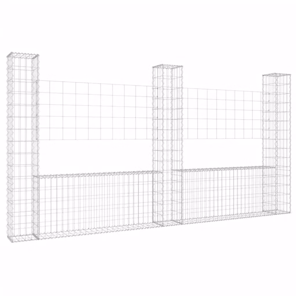 Berkfield Home U-shape Metal Gabion Basket with 3 Posts, Silver, W: 260 cm, D: 20 cm, H: 150 cm – 2