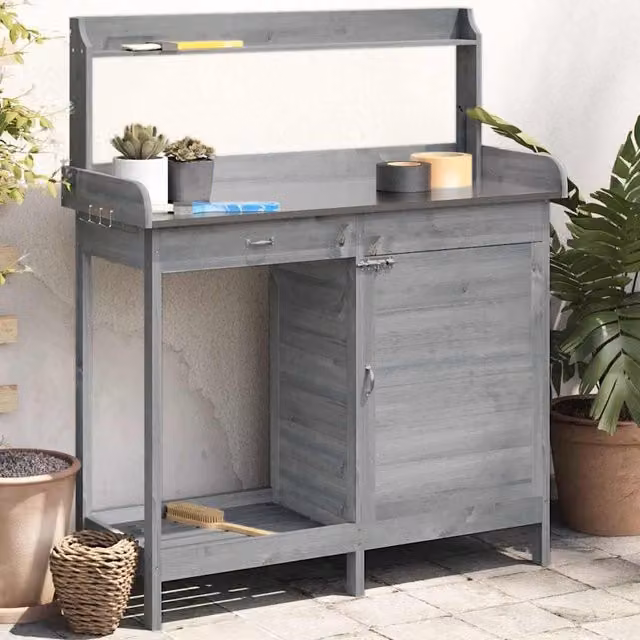 Berkfield Home Potting Table with Cabinet in Grey, Solid Wood and Metal, W/D/H: 110.5 x 45 x 124.5 cm