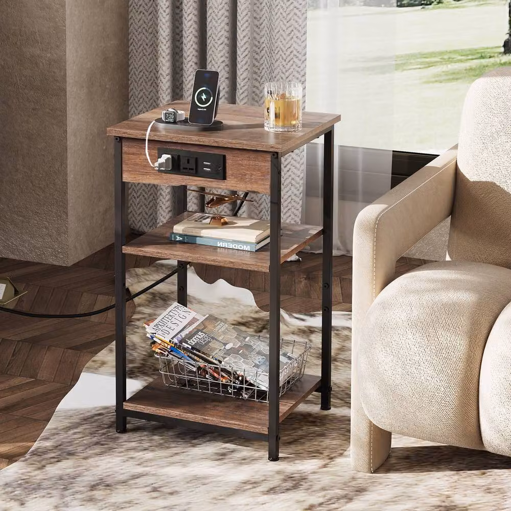 Rolipo 3-Tier Modern Side Table with Charging Station in Brown, W/D/H: 30 x 30 x 58 cm – 2
