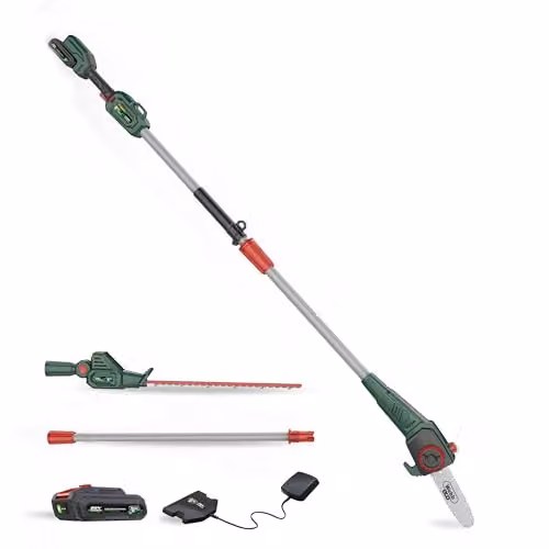 Webb Eco 20V Long Reach 50cm Hedge Trimmer and 20cm Pruner Attachment with 2Ah Rechargeable Battery and Charger, Green