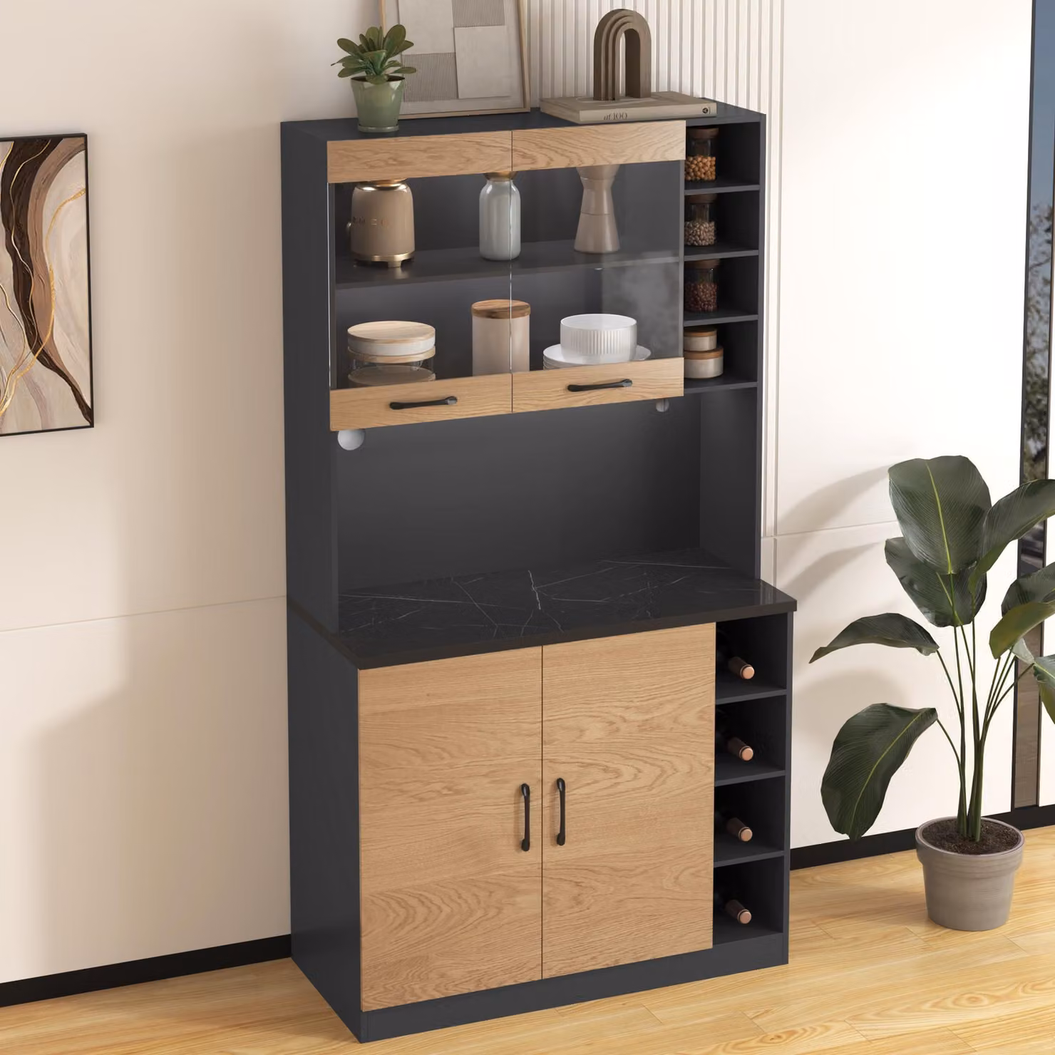 Aosom UK Tall Kitchen Cupboard with LED Lighting and Glass Doors, Natural and Grey, W: 47 cm, D: 47 cm, H: 187 cm – 6