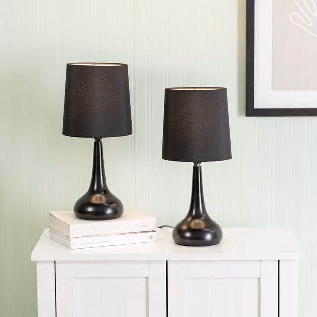 ValueLights Teardrop Pair of Black Touch Table Lamps with Fabric Shades and Bulbs Included