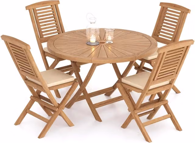 Eterna Teak Round Garden Dining Table and 4 Chair Set in Black and Brown