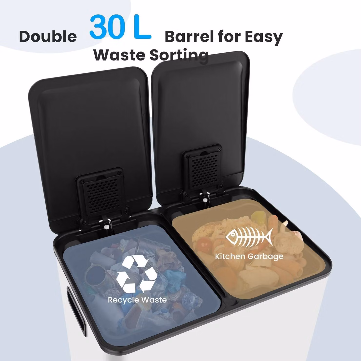 Costway 60L Dual Bin Trash Can with 2 x 30L Classified Compartments and Deodoriser in White – 5