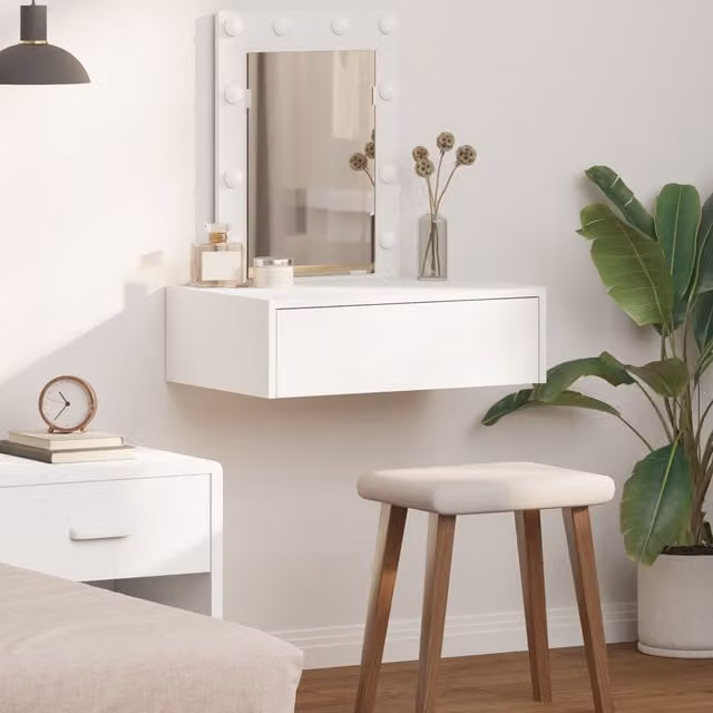 Berkfield Home Wall Hanging Dressing Table with Hollywood LED Lights, White, W/D/H: 70 x 40 x 60 cm – 1