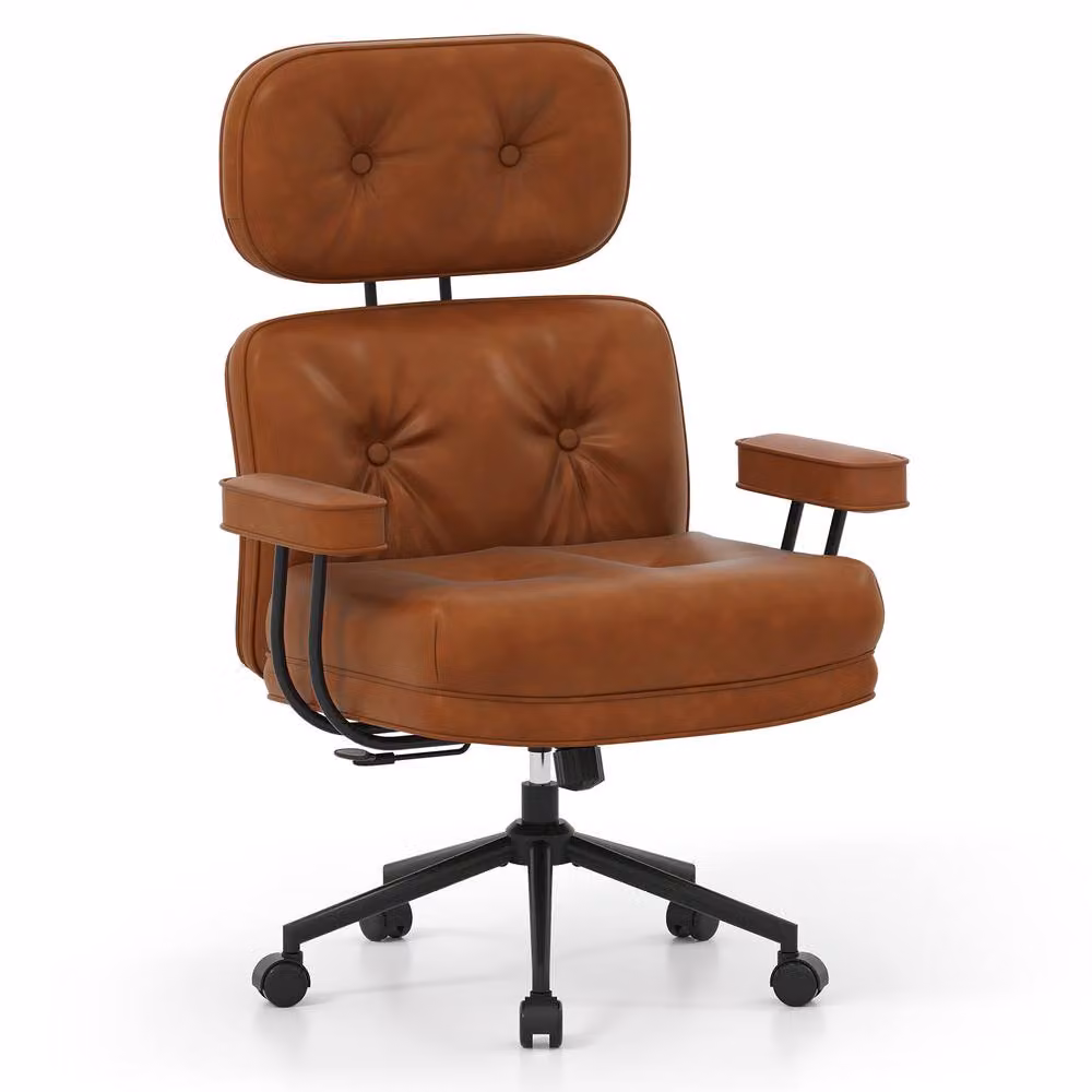 Gymax Brown Synthetic Leather Upholstered Office Chair with Tufted Seat, Headrest and Swivel Castors – 10