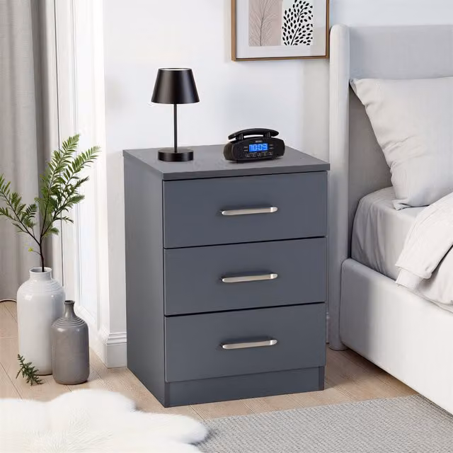 Seconique Dakota 3 Drawer Bedside Table in Dark Grey