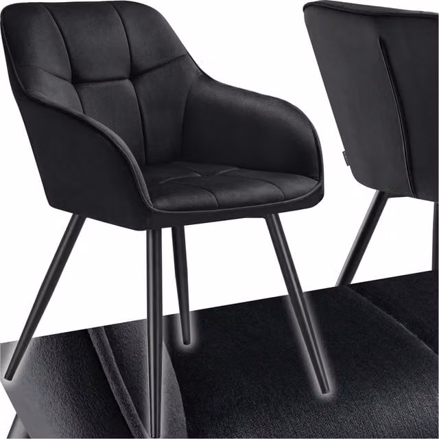 TECTAKE Marilyn Dining Chair in Black Velvet Look with Geometric Quilted Pattern