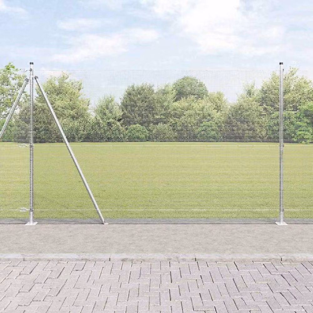 Berkfield Home Modern Welded Wire Fence with 13 Flanged Posts, Galvanised Steel, Silver, W: 25 m, H: 1.6 m – 2