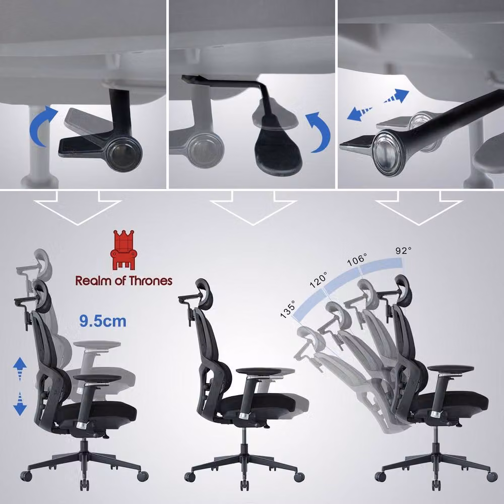 Realm of Thrones Ergonomic Black Mesh and Fabric Office Chair with Headrest and 4D Armrests – 5