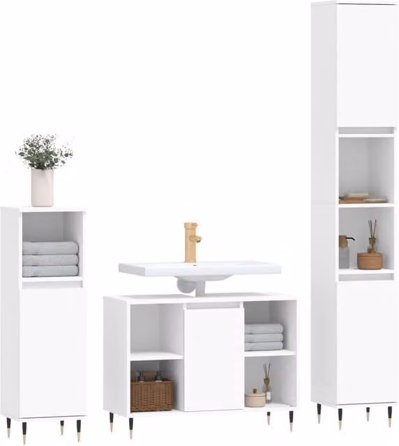 Berkfield Home Modern 3 Piece White Bathroom Furniture Set with Tall Cabinet, Side Cabinet and Vanity Unit