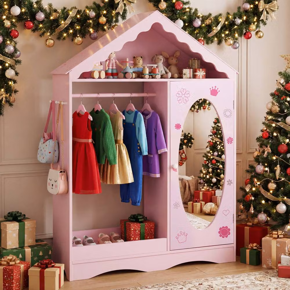 Gymax Pink Childrens Roofed Dress Up Closet with Mirror and Hanging Rack – 3