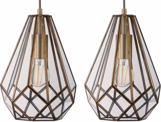 First Choice Lighting Polly Set of 2 Pendant Ceiling Lights in Bronze and Gold Brass with Transparent Glass – 1