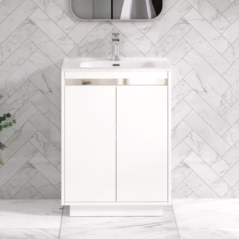Royal Bathrooms Orion 600mm Matt White 2 Door Floor Standing Vanity Unit with Ceramic Basin and Chrome Accent Trim