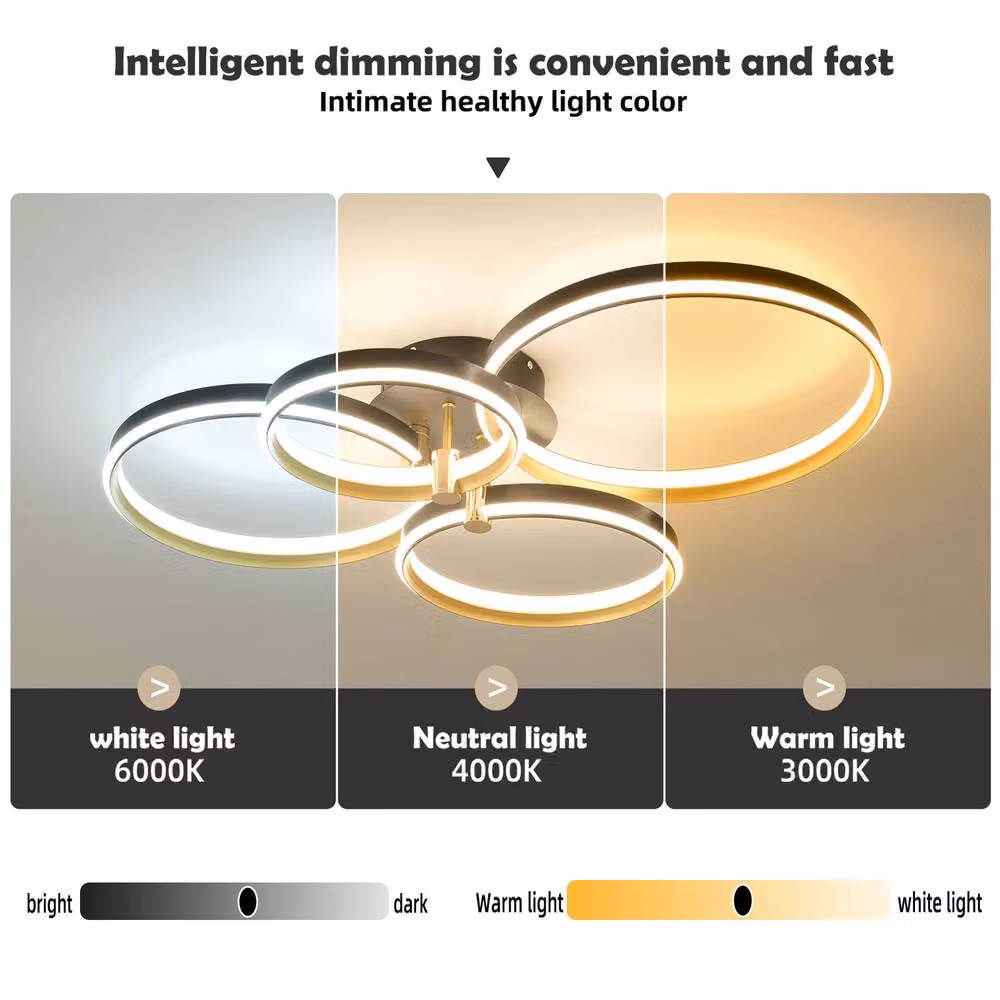 NIVOR 60W 4 Ring LED Dimmable Flush Mount Ceiling Light with Remote Control and 3 Colour Settings in Gold – 4