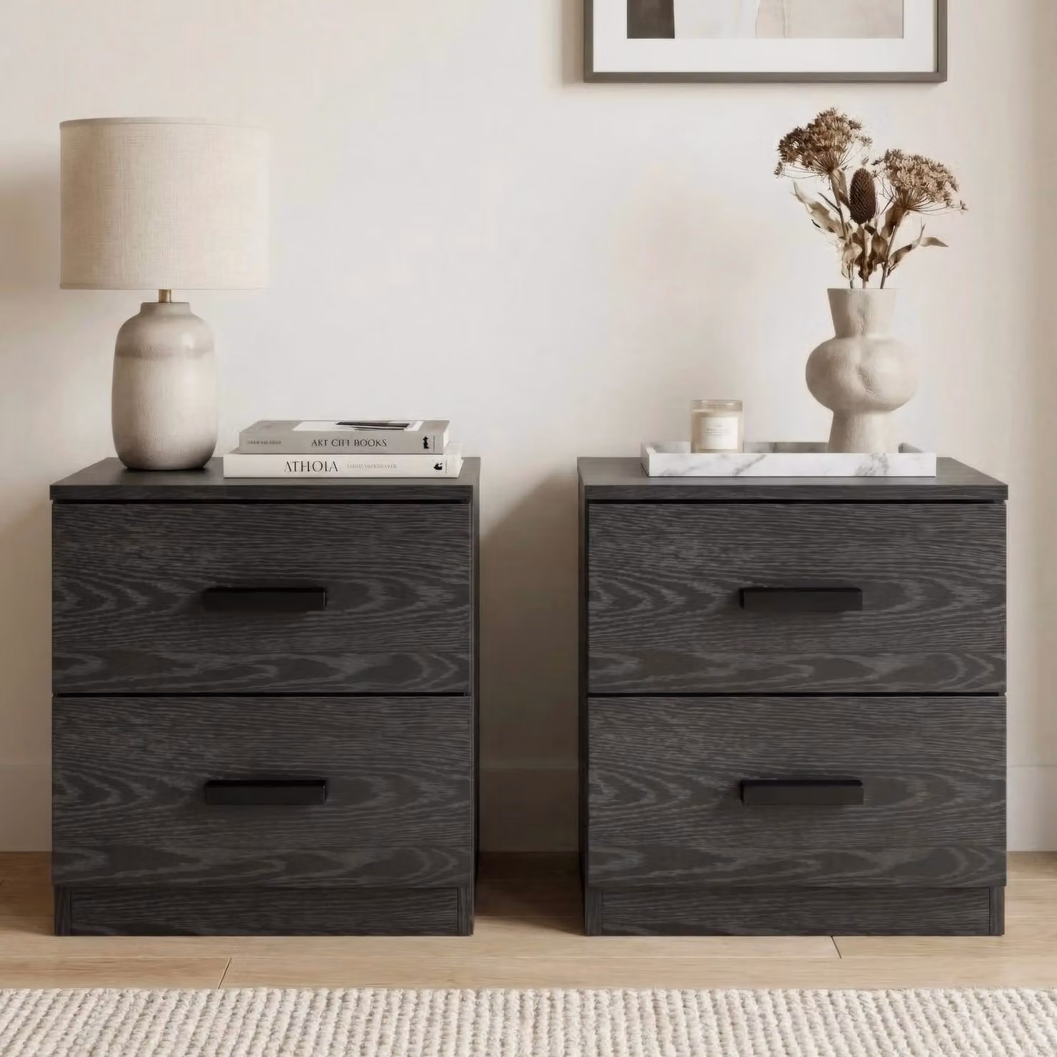 DHS Black Scandinavian Bedside Table Pair with 2 Drawers, W/D/H: 45 x 40 x 36 cm