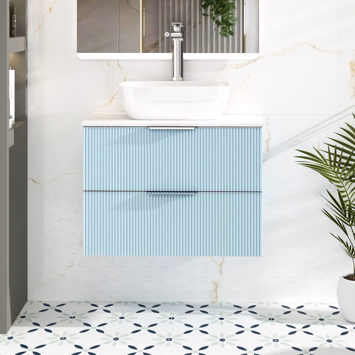 Royal Bathrooms Evora 700mm Powder Blue Fluted Wall Hung Vanity Unit with 2 Drawers and White Stone Countertop Basin