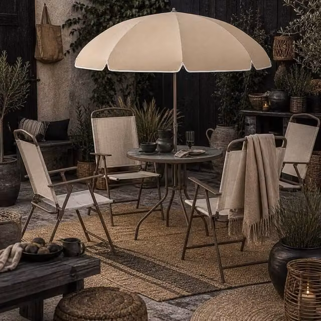 Wyld Haus Tatab 4 Seater Beige Garden Dining Set with Metal Mesh Parasol Table – 1