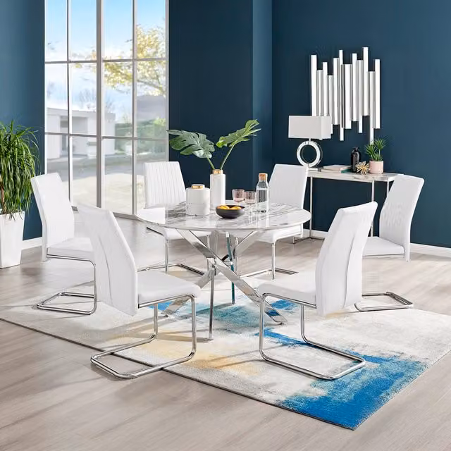 FurnitureboxUK Novara White Marble Effect Round Dining Table and 6 Lorenzo Chairs Set, White and Silver