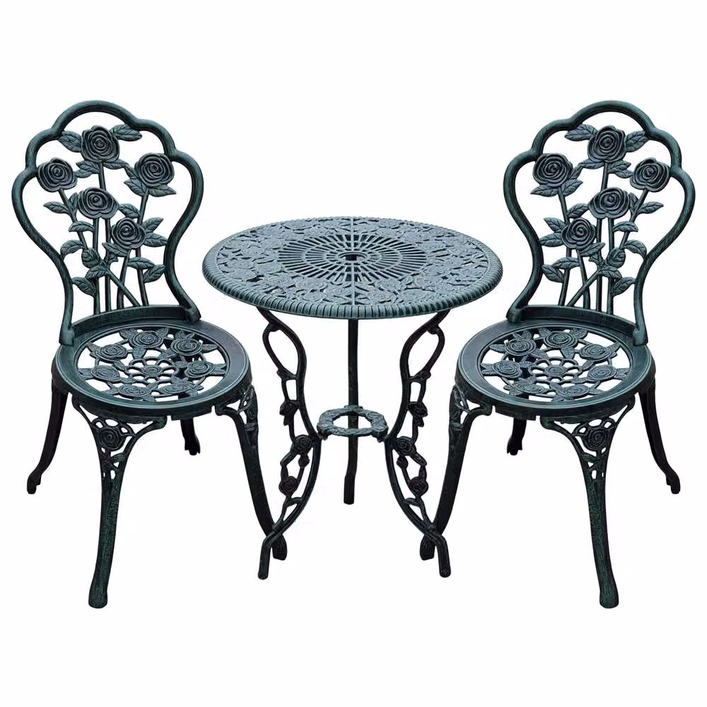 OUTSUNNY 3 Piece Metal Bistro Set with Round Table and 2 Chairs in Antique Green – 2
