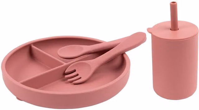 Tiny Dining 4-Piece Silicone Baby Suction Feeding Set in Pink