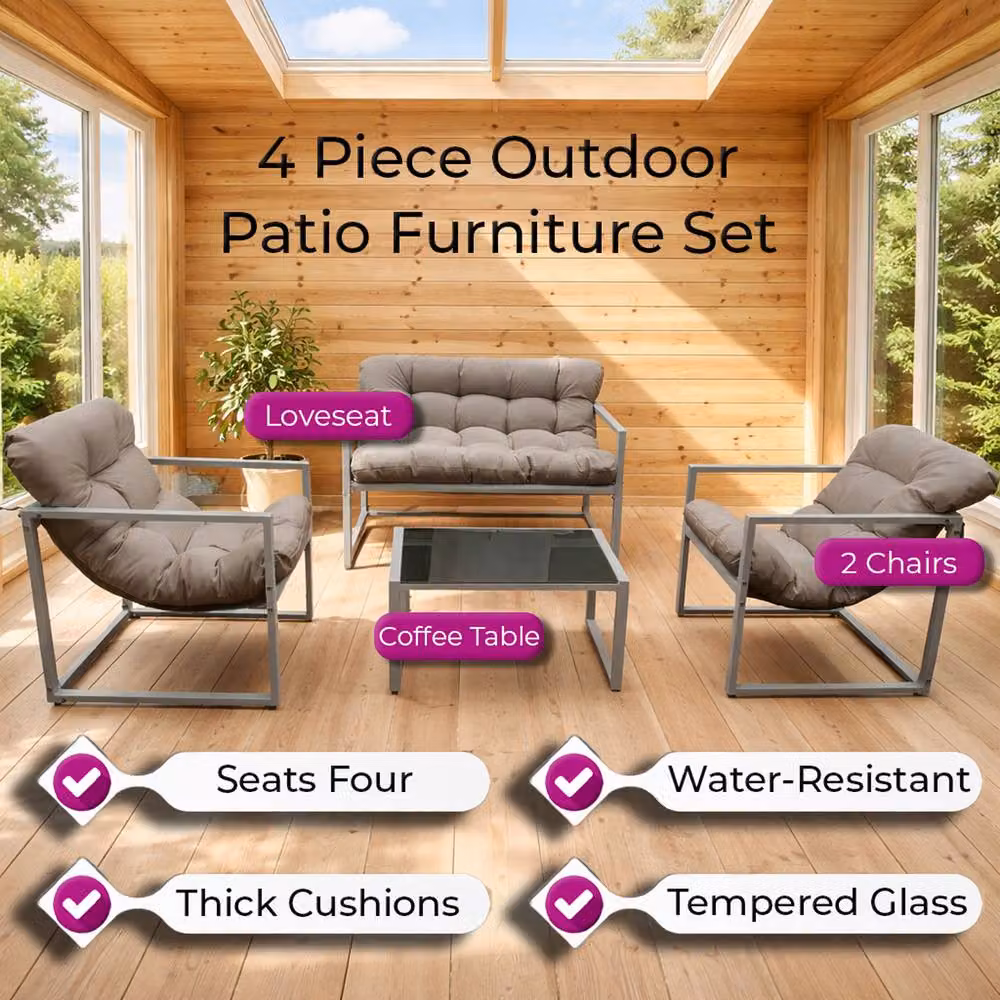 Neo 4 Piece Grey Metal Outdoor Patio Furniture Set with Cushions and Glass Table – 3