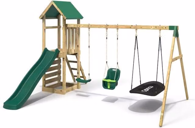 Rebo Wooden Climbing Frame with Triple Swing Play Tower and Slide in Green