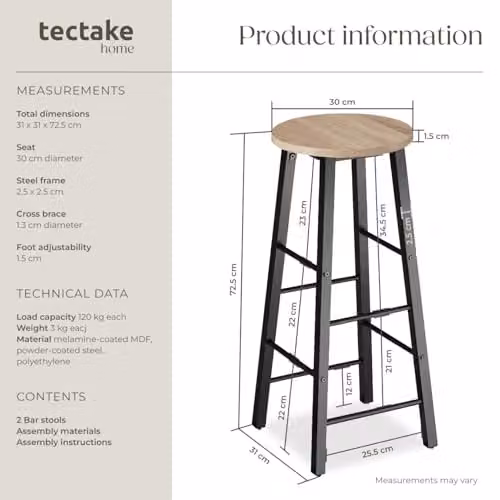 tectake Set of 2 Modern Minimalist Bar Stools with Industrial Steel Frames and Light Wood Seats in Black and Brown – 3