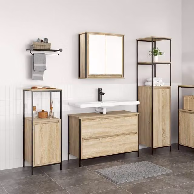 Berkfield Home 3 Piece Industrial Bathroom Furniture Set in Brown Sonoma Oak with Glass Doors