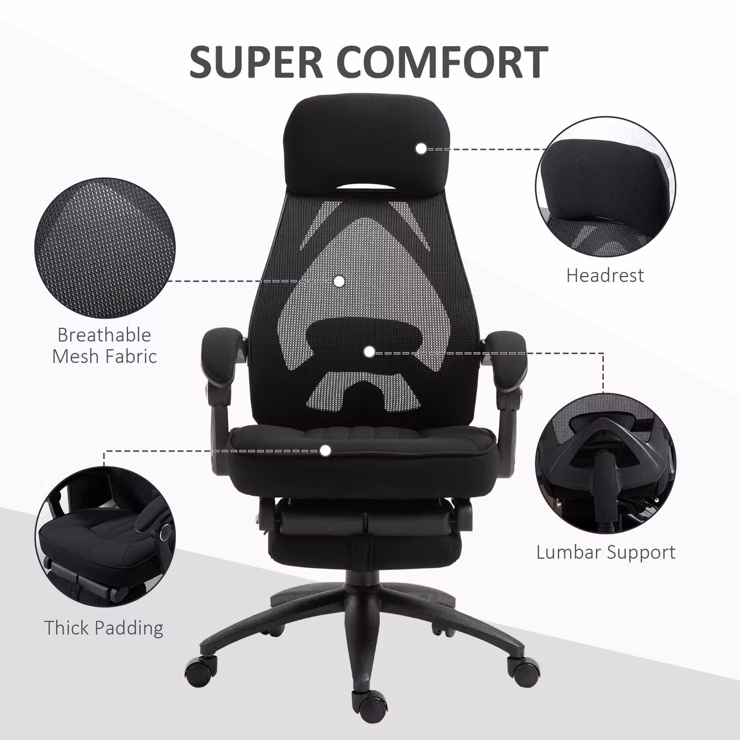 Vinsetto Black Executive Home Office Chair with Headrest, Footrest and Adjustable Lumbar Support – 6