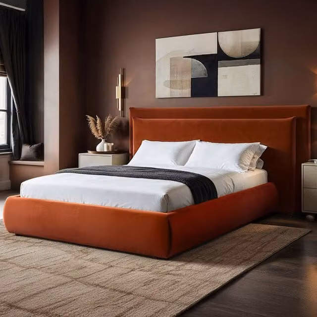 Solace+Co Modern Orange Velvet Upholstered Ottoman Bed with Lift Up Base, W/D: 180 x 200 cm