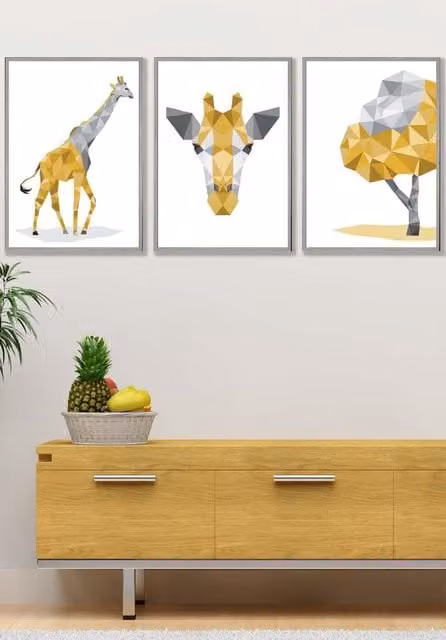 ARTZE Geometric Giraffe Framed Wall Art Set in Yellow and Grey, W: 53 cm, H: 73 cm, D: 20 mm