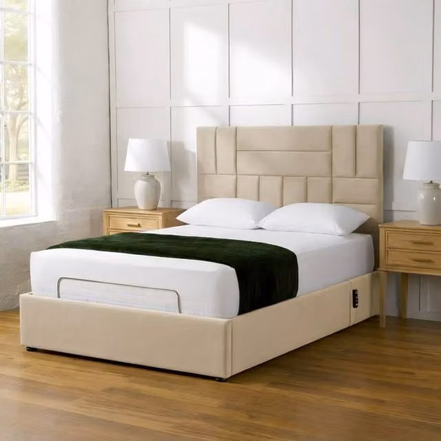 Paradise Beds Ltd Electric Adjustable Panel Mobility Bed with Headboard and Mattress in Beige, Small Double, W/D/H: 120 x 200 cm