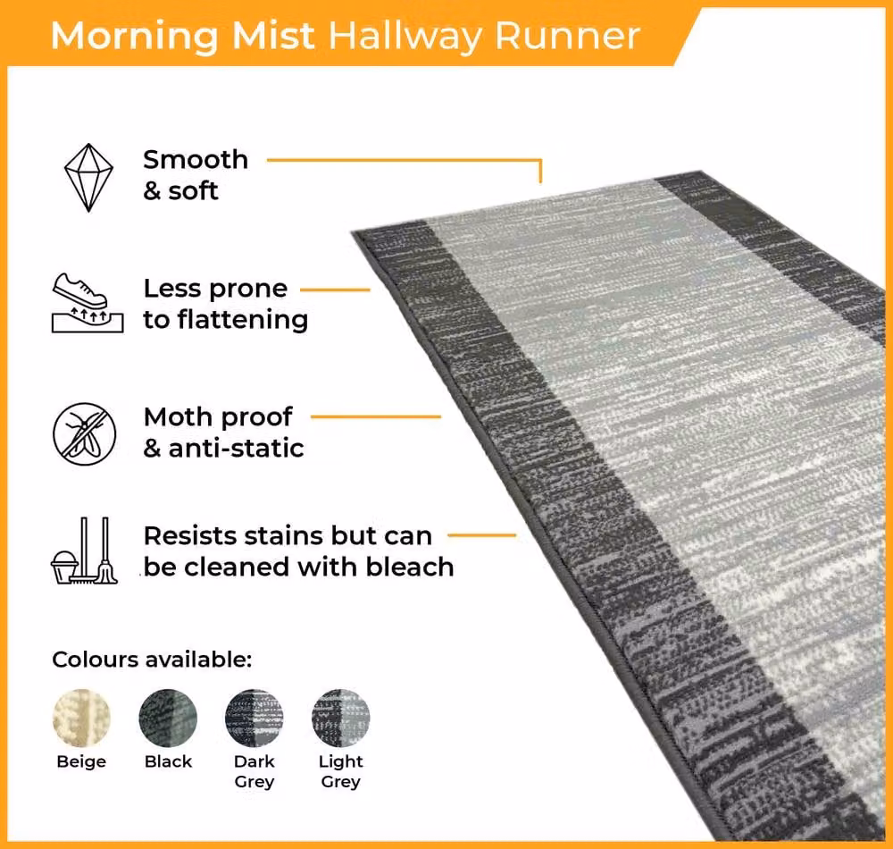 runrug Morning Mist Hallway Carpet Runner Rug in Black, W: 60 cm, L: 570 cm – 3