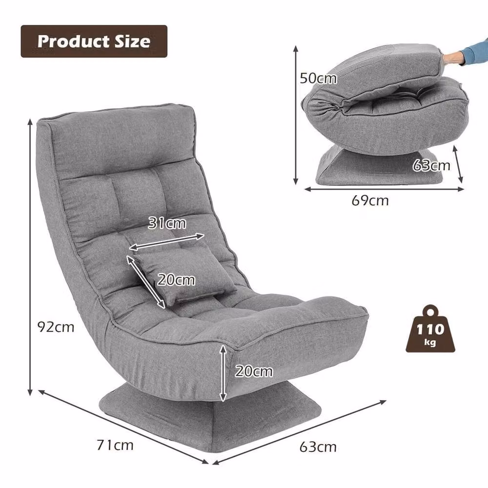 KORVIXA Grey Folding Floor Gaming Chair with 360 Degree Swivel and Headrest – 2
